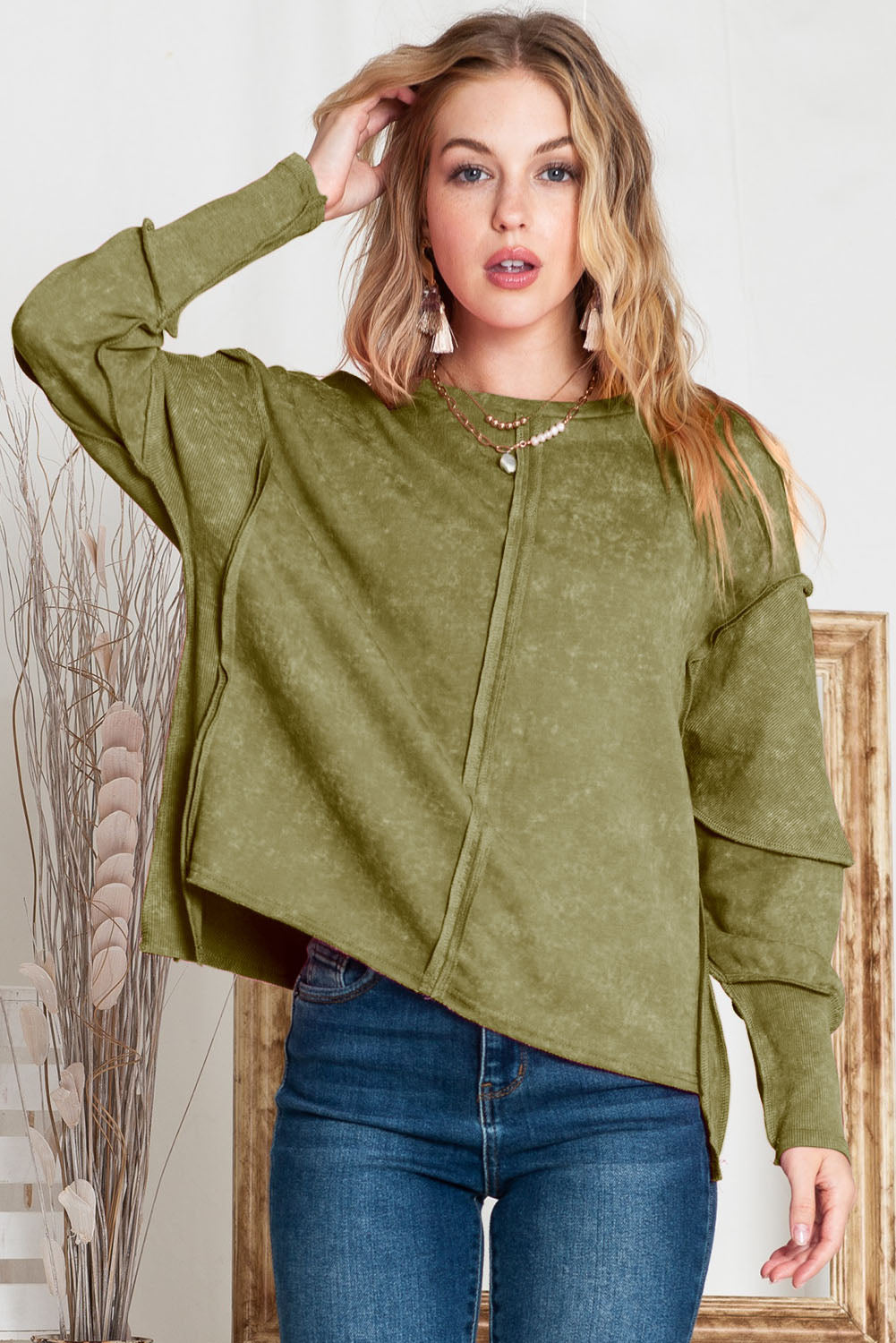 Rose Patchwork Long Sleeve Distress Pullover Sweatshirt