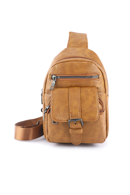 Khaki Vintage Zipper Multi Pockets Sling Bag