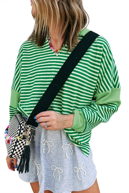 Green Stripe V Neck Collared Waffle Patchwork Loose Top