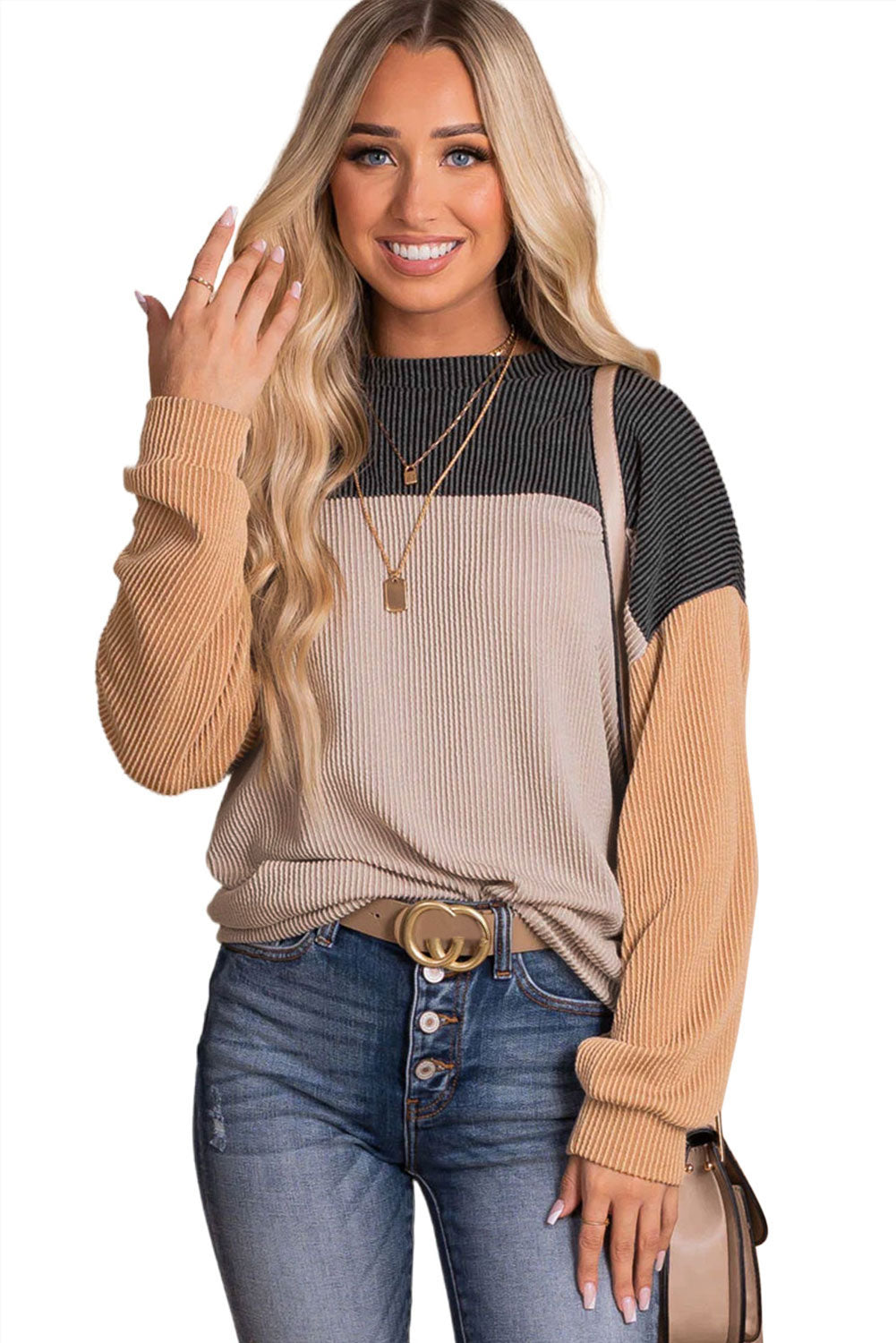 Black Color Block Corduroy Long Sleeve Top