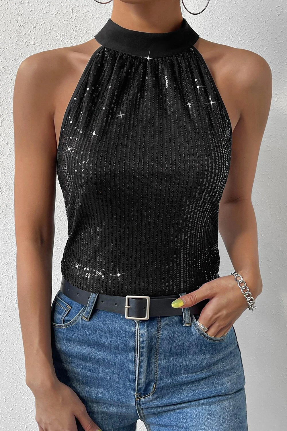 Black Keyhole Tie Back Sequin Tank Top