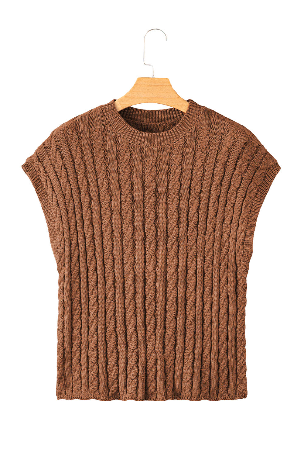 Gray Solid Cable Knit Short Sleeve Roun Neck Sweater