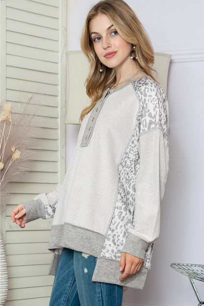 Grey Leopard Print Raglan Sleeve Casual Henley Sweatshirt