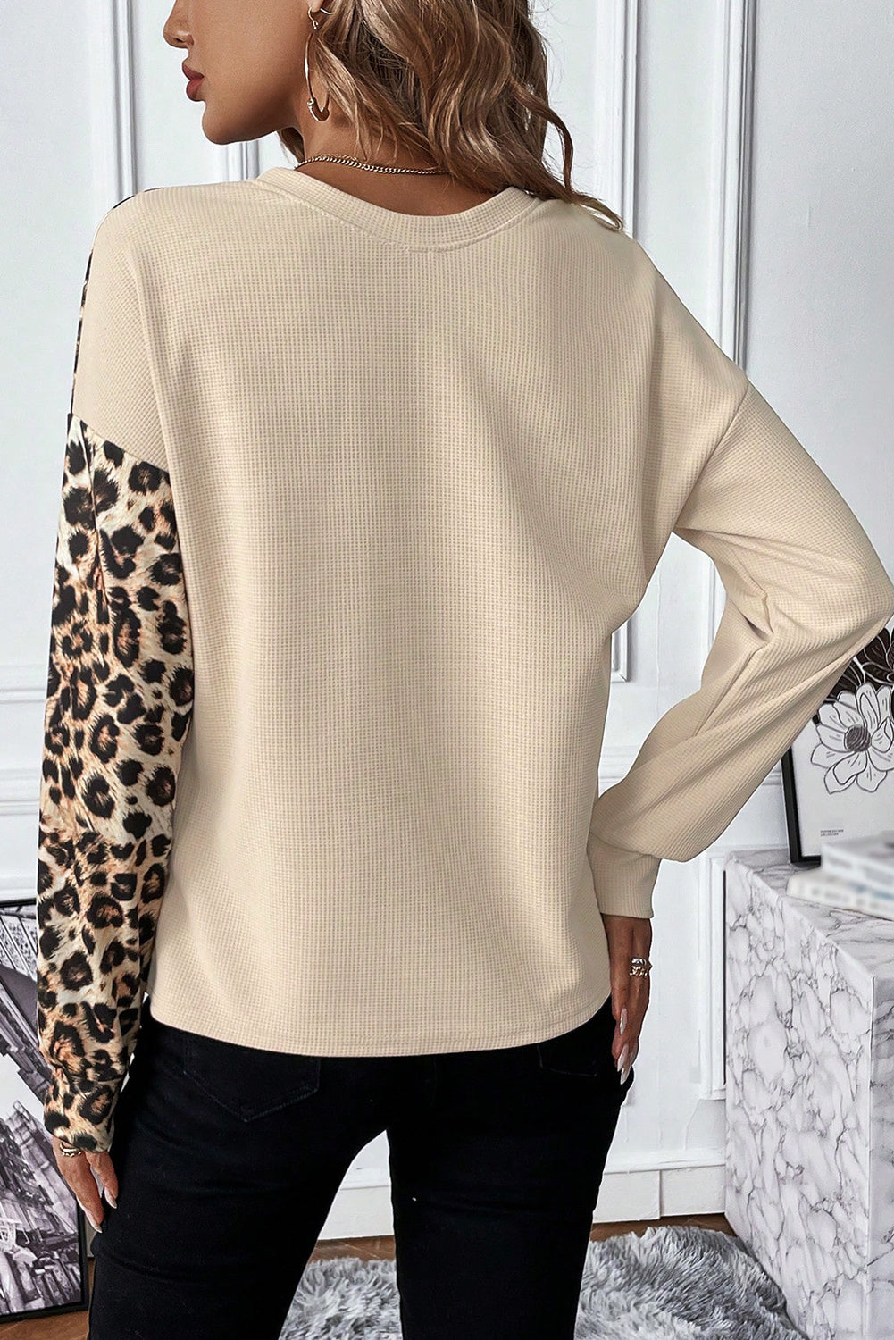 Pale Khaki Waffle Knit Leopard Long Sleeve Top