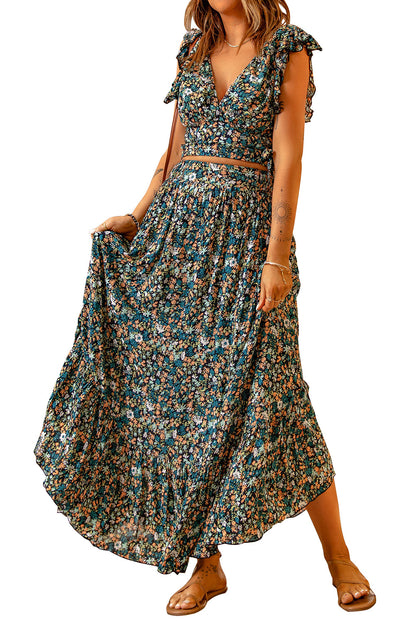 Ditsy Floral Print Ruffled Crop Top & Flounce Hem Maxi Skirt Set