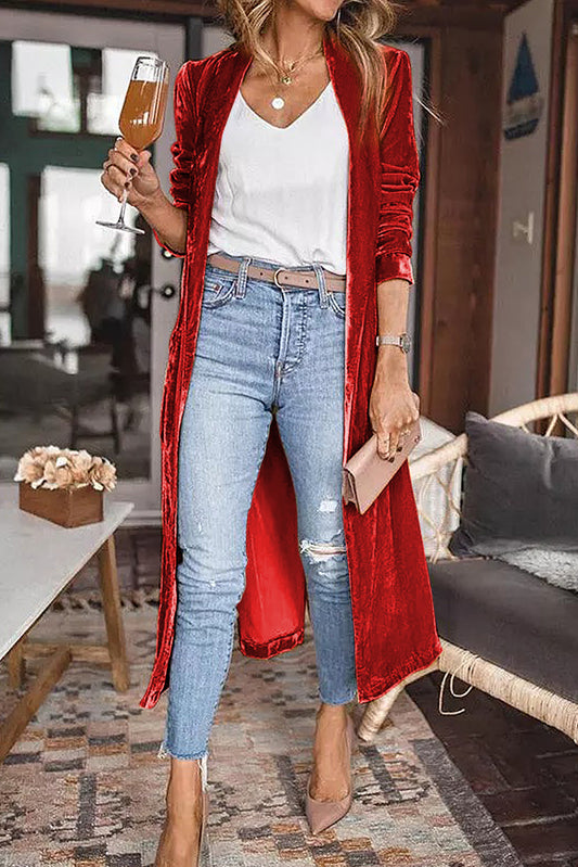 Red Velvet Elegant Open Front Pocket Long Cardigan