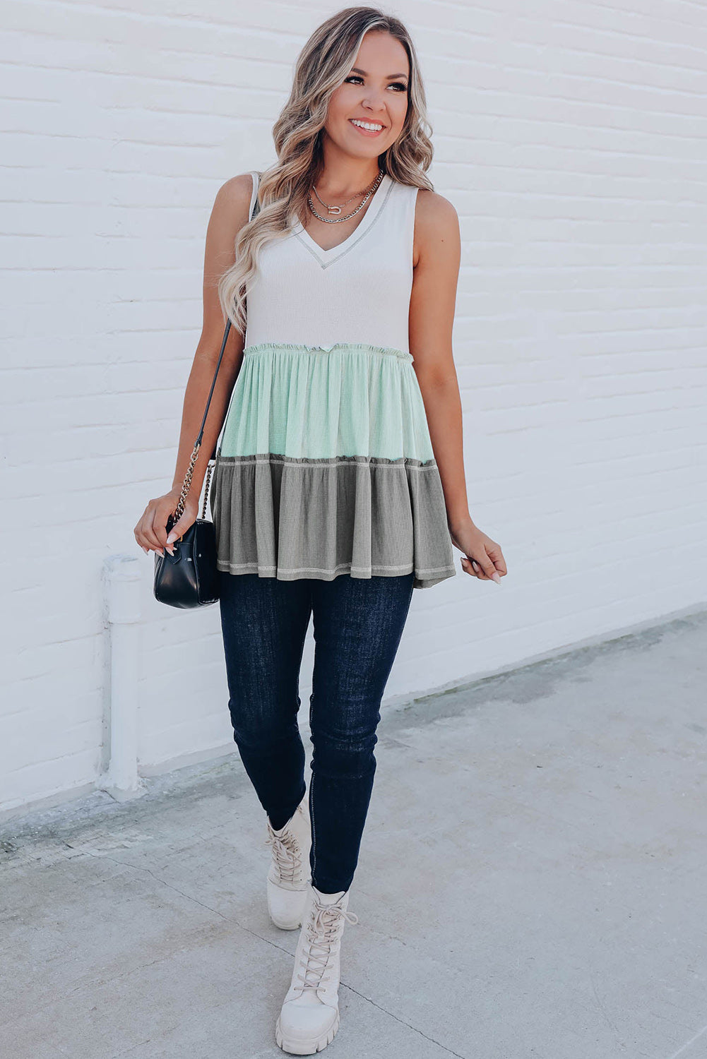 Colorblock Tiered Ruffle Babydoll V Neck Sleeveless Shirt