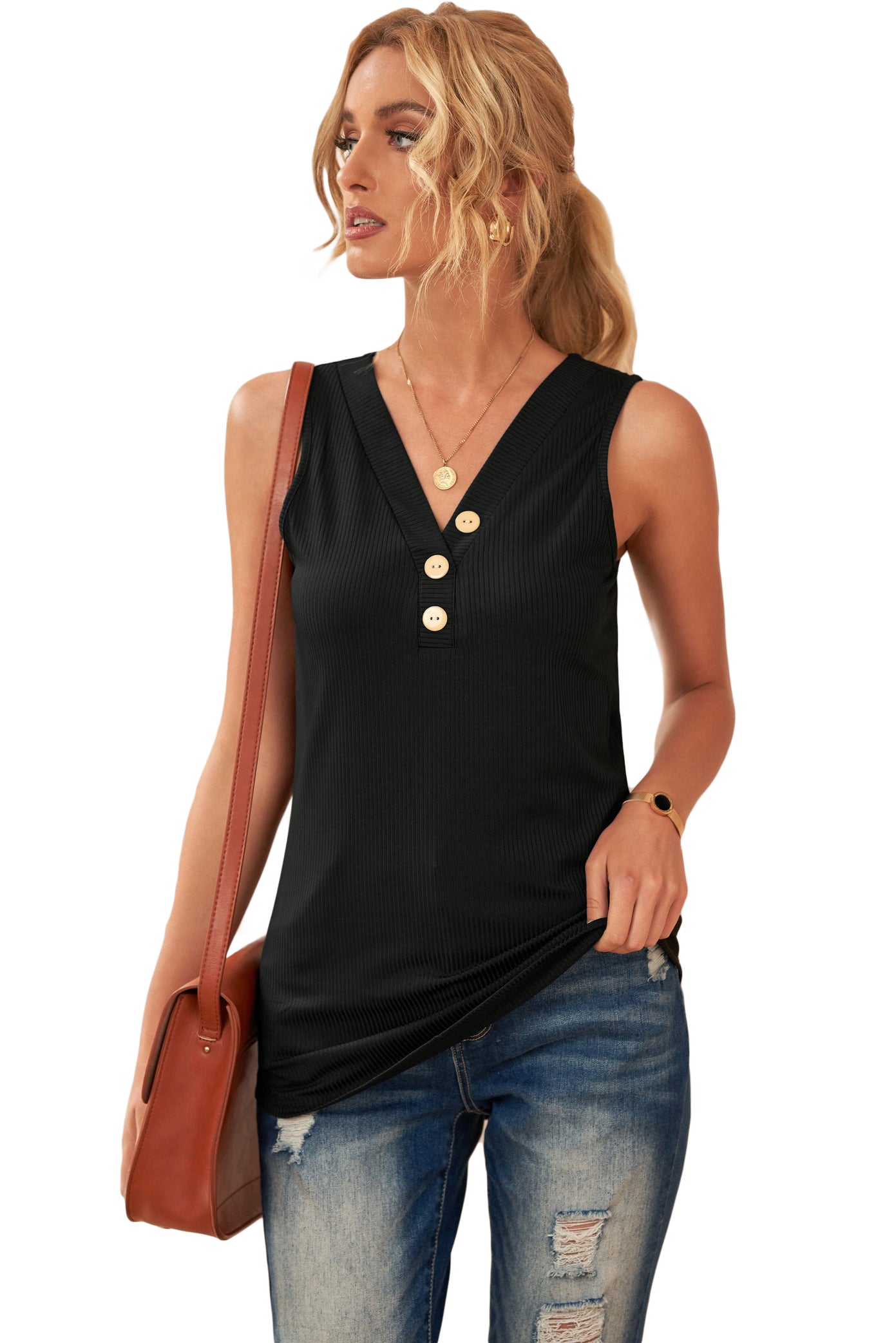 Button V-Neck Black Rib-Knit Tank Top