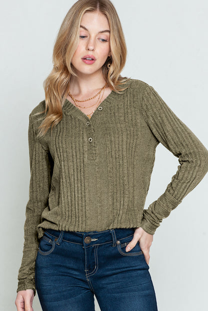 Pickle Green V Neck Buttoned Ribbed Knit Top