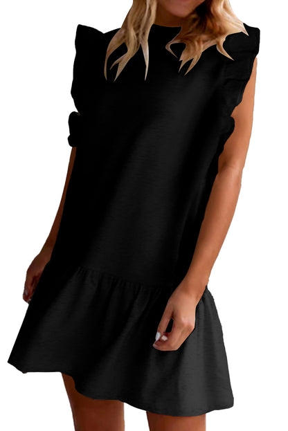 Black Solid Color Ruffle Hem Mini Sweatshirt Dress