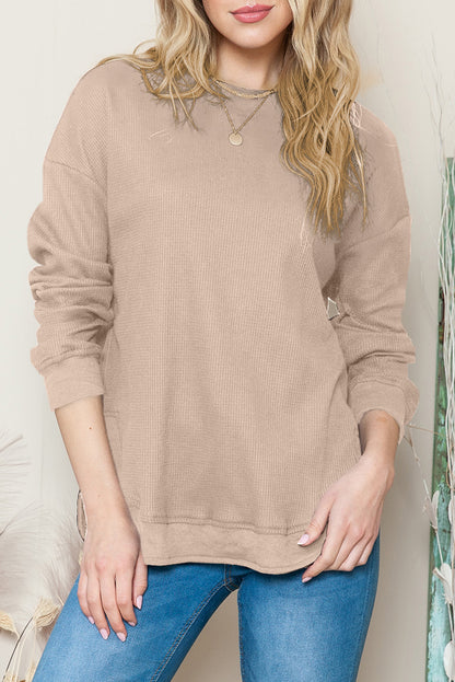 Pink Waffle Knit Crew Neck Casual Long Sleeve Top