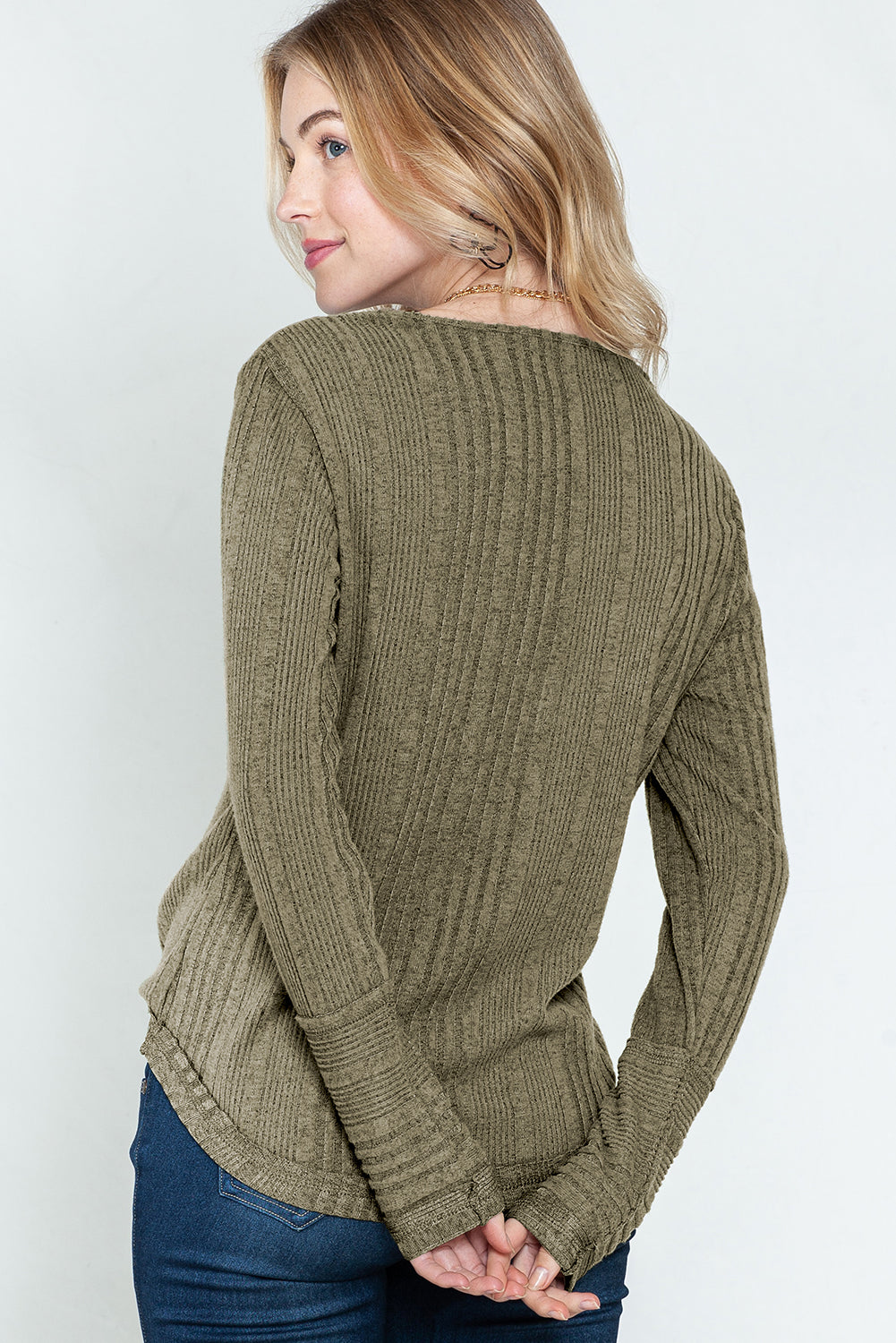 Pickle Green V Neck Buttoned Ribbed Knit Top