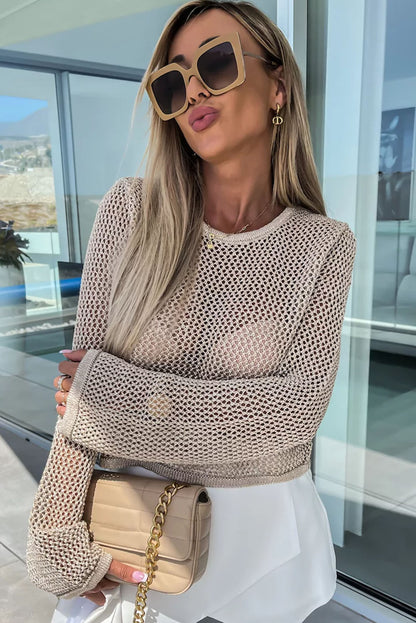 Khaki Solid Hollow-out Knit Long Sleeve Top