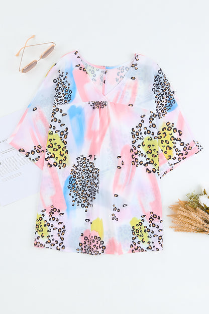 White Tie Dye Leopard Print Color Block Back Button Keyhole Blouse