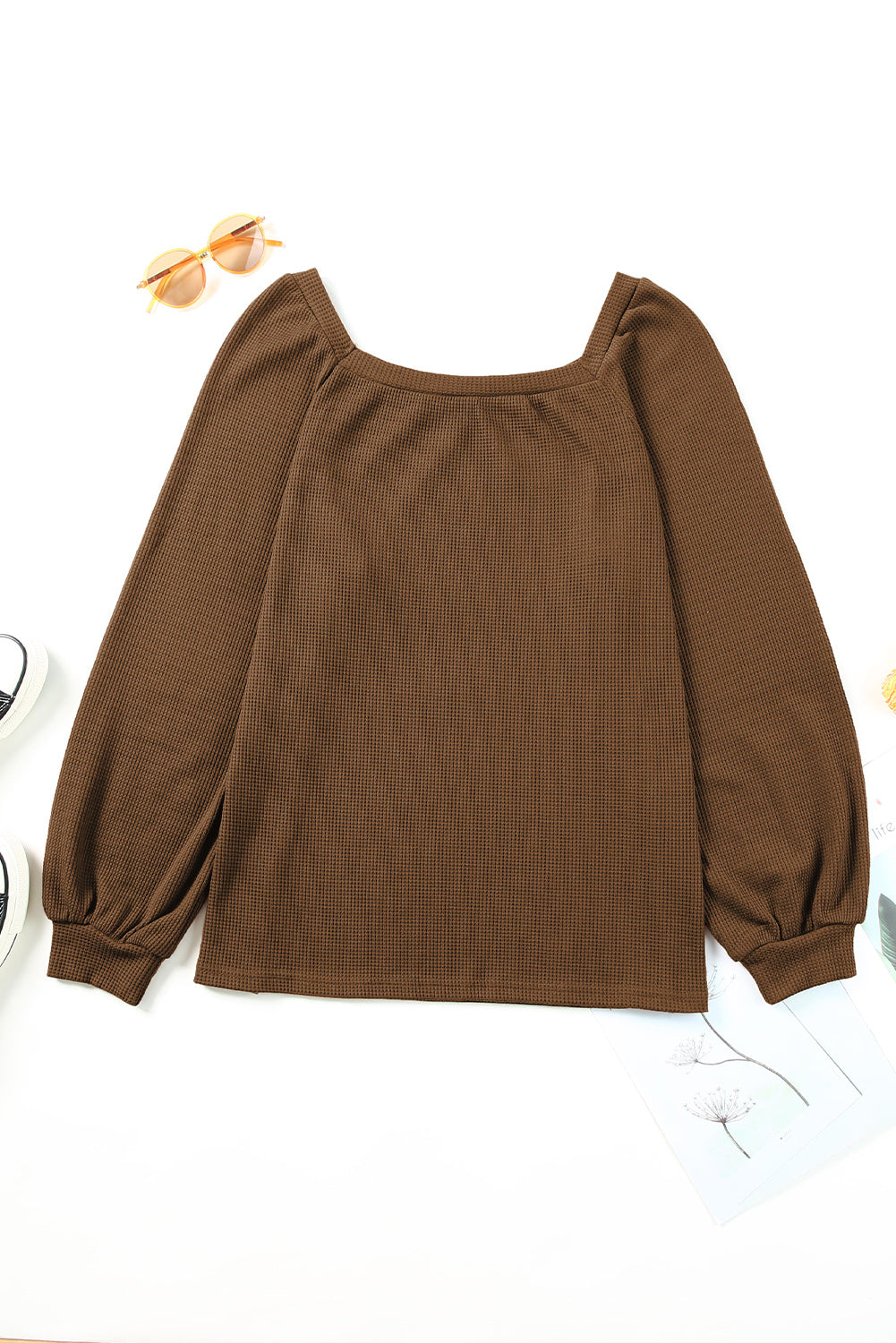 Green Plain Waffle Knit Bishop Sleeve Square Neck Top