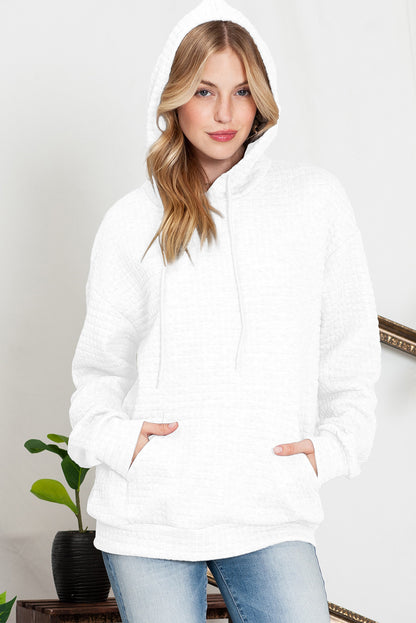 White Lattice Textured Kangaroo Pocket Hoodie