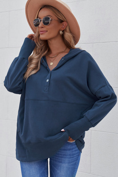 Grey Batwing Sleeve Casual Pocket Henley Hoodie