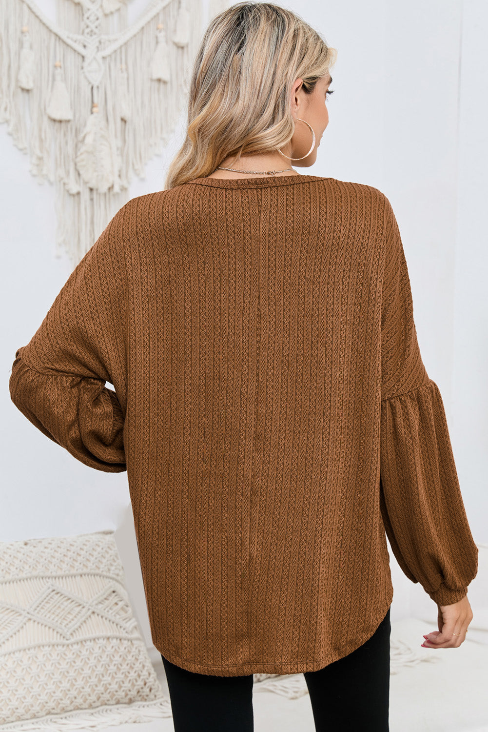 Brown Solid Color Textured Pullover Casual Top