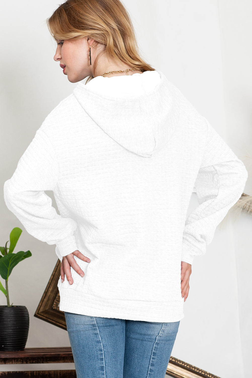 White Lattice Textured Kangaroo Pocket Hoodie