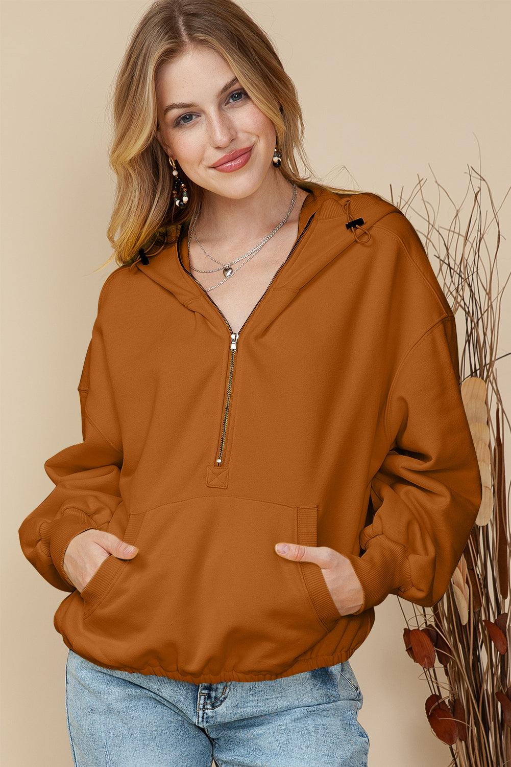 Brown Half Zip Pullover Hoodie with Kangaroo Pocket