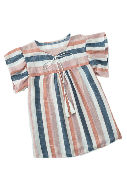 Pink and Blue Stripes Shirt Flutter Sleeve V Neck Blouse