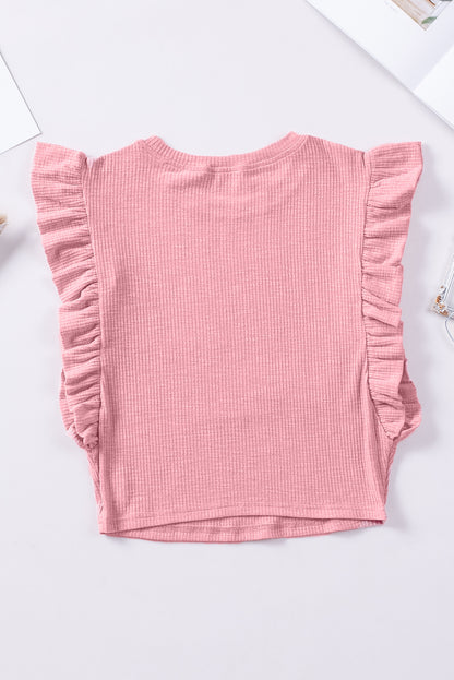 Pink Ruffle Sleeve Crewneck Ribbed Crop Top