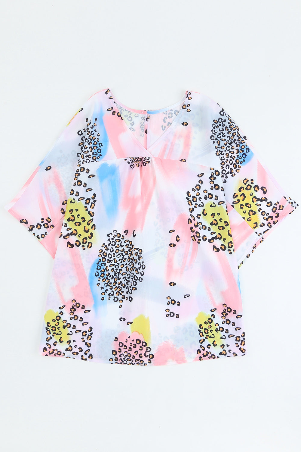 White Tie Dye Leopard Print Color Block Back Button Keyhole Blouse