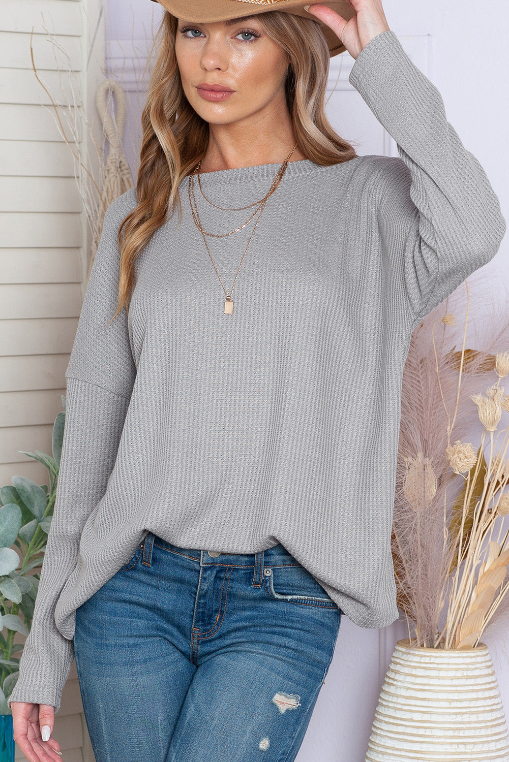 Grey Waffle Knit Backless Drop Shoulder Top