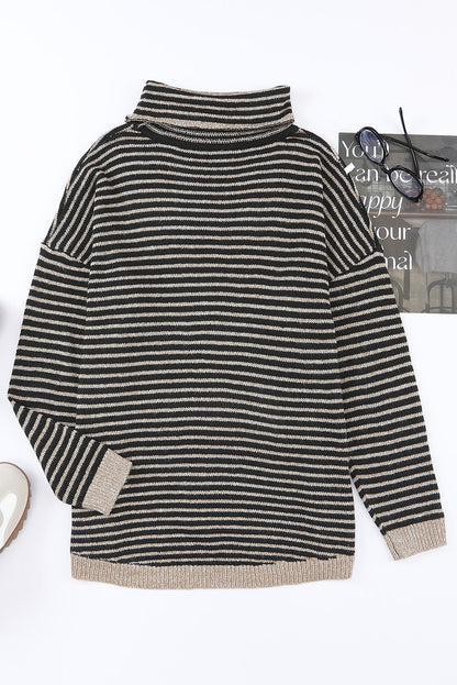 Gray Striped Turtleneck Oversized Sweater