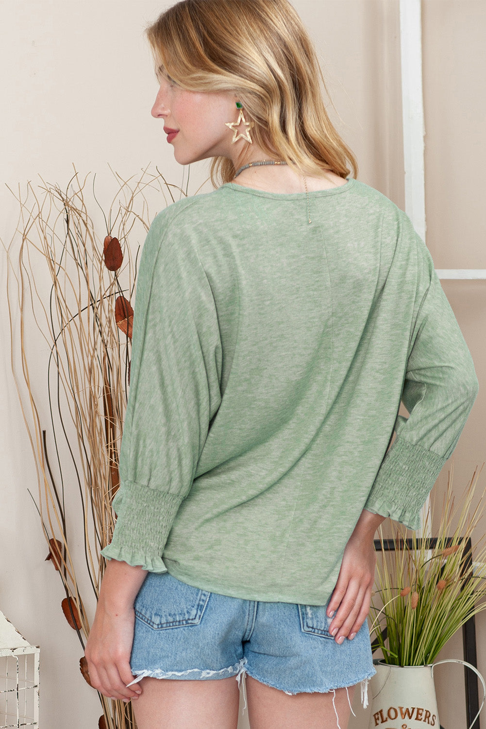 Green Plain Smocked Sleeve Casual Loose T Shirt