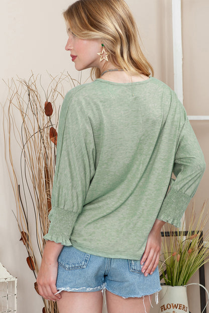 Green Plain Smocked Sleeve Casual Loose T Shirt