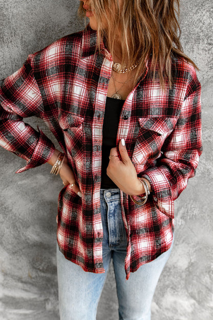 Brown Button Up Collared Plaid Shacket