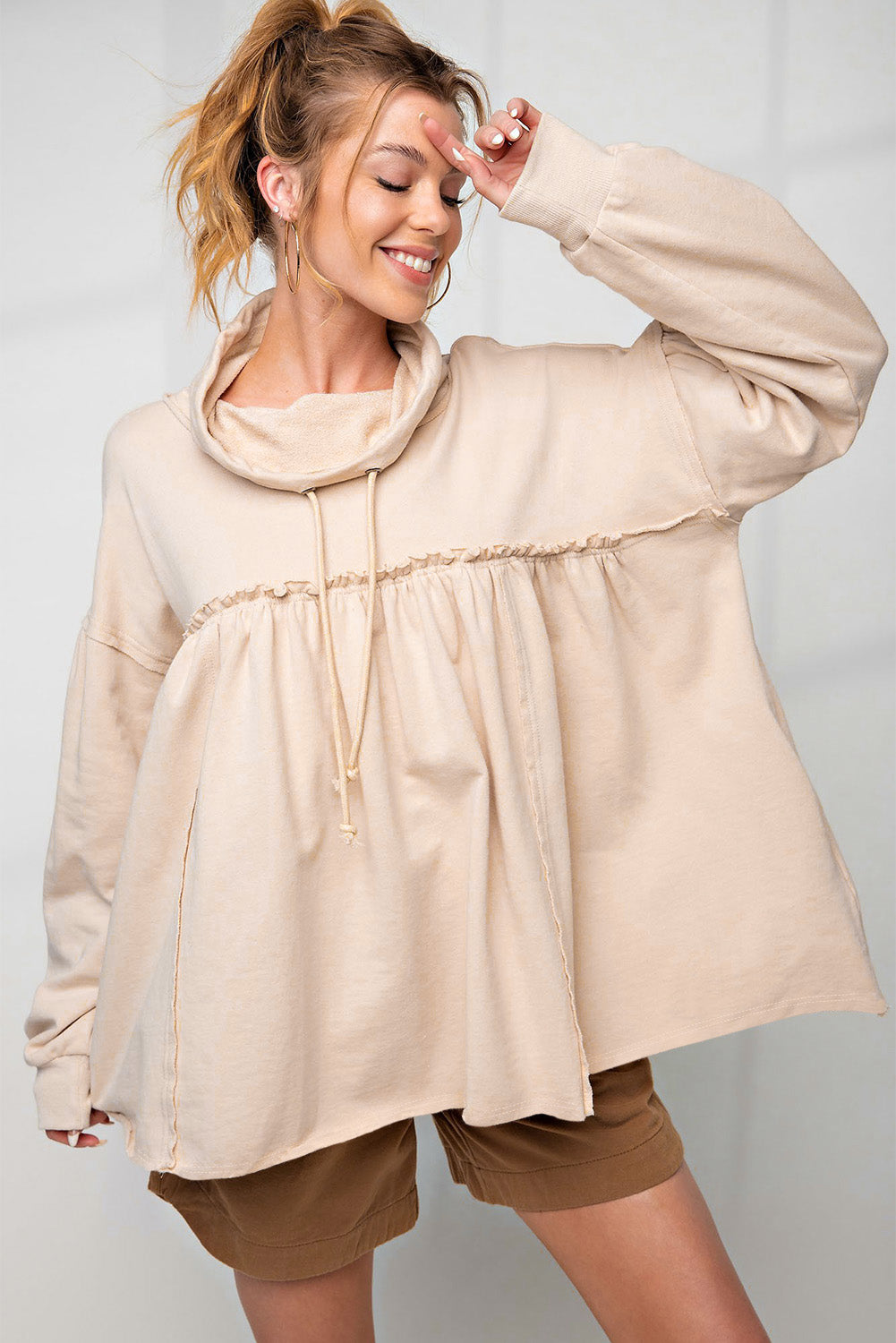 Beige Oversized Cowl Neck Pullover