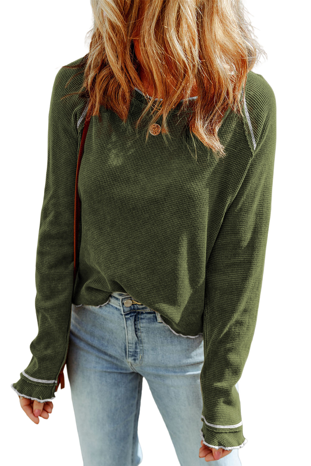 Red Exposed Seam Textured Pullover Long Sleeve Top