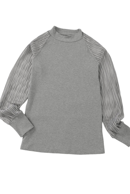 Black Basic Crew Neck Dressy Striped Mesh Long Sleeve Top