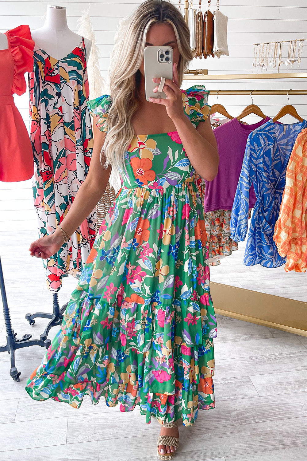 Green Boho Floral Print Ruffle Sleeveless Tiered Maxi Dress