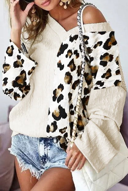 Beige V Neck Leopard Colorblock Patchwork Long Sleeve Top