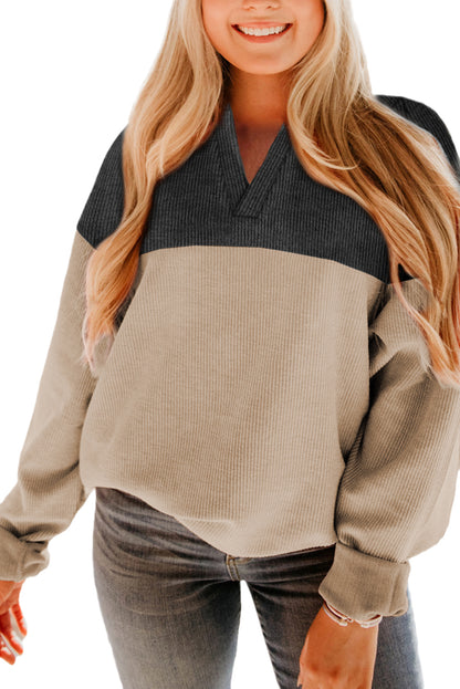 Carbon Grey Patchwork V Neck Corded Sweatshirt