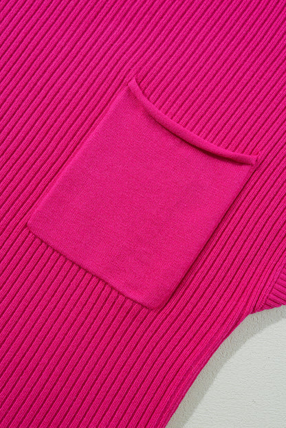 Pink Patch Pocket Ribbed Knit Short Sleeve Sweater