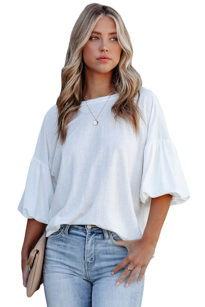 Gray Solid Color Casual Bubble Sleeve Blouse