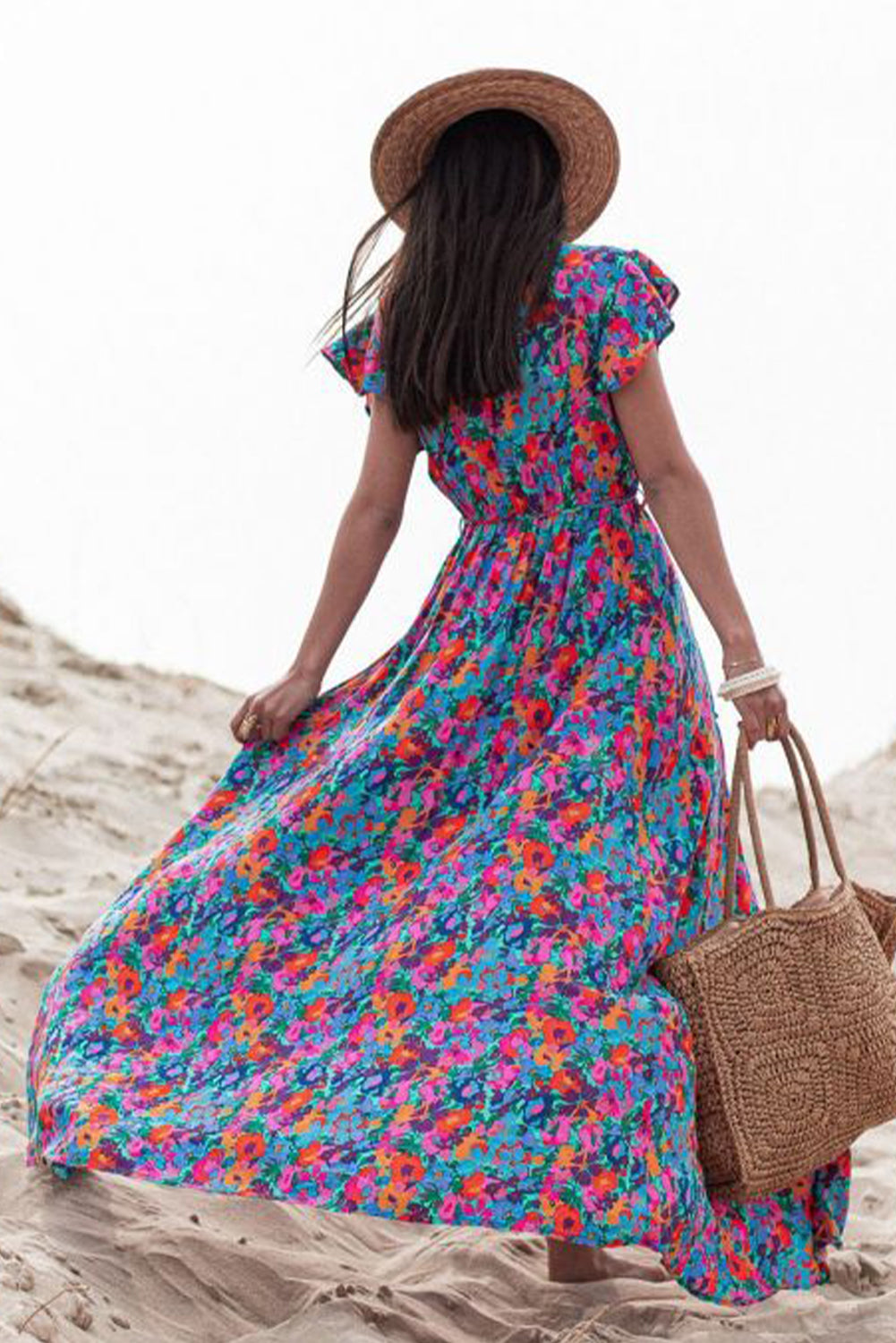 Blue Boho Floral Print V Neck Wrap Split Maxi Dress