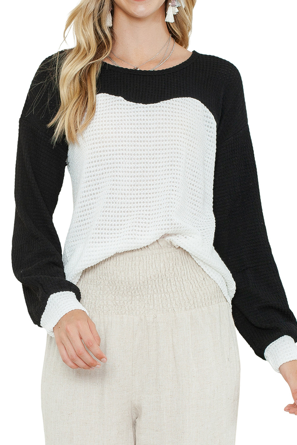 Black and White Color Block Waffle Knit Pullover