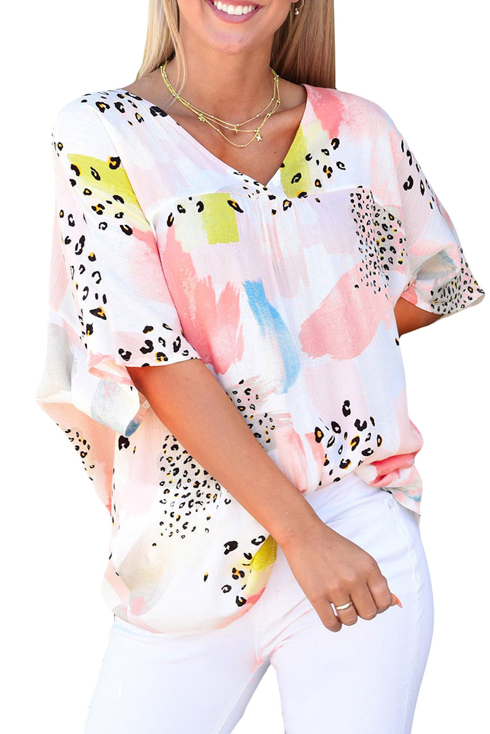 White Tie Dye Leopard Print Color Block Back Button Keyhole Blouse