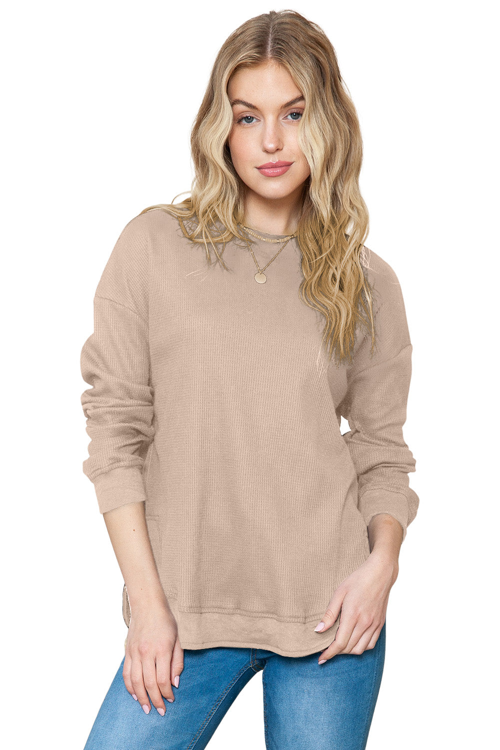 Pink Waffle Knit Crew Neck Casual Long Sleeve Top