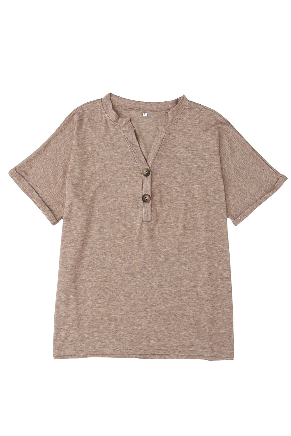 Khaki Button V Neck Short Sleeve Casual T Shirt