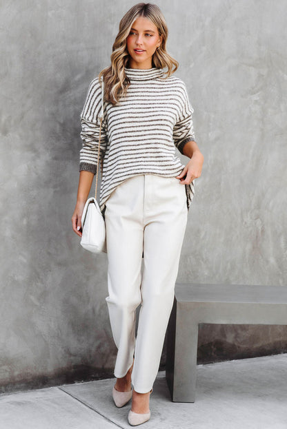 Gray Striped Turtleneck Oversized Sweater