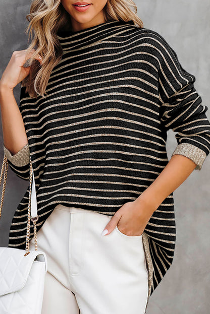 Gray Striped Turtleneck Oversized Sweater