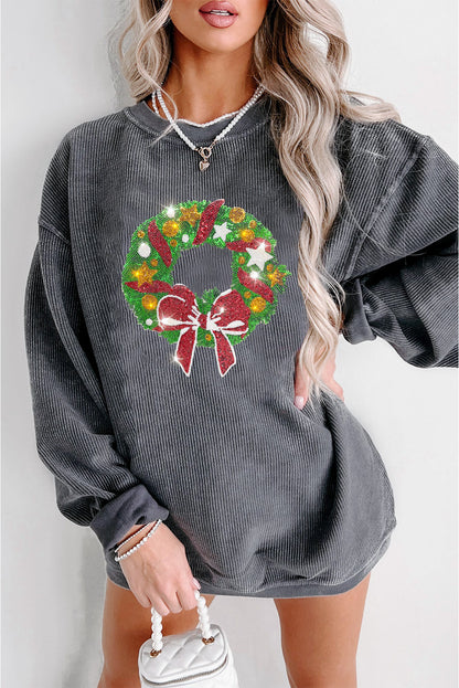 Gray Christmas Wreath Print Graphic Sweatshirt