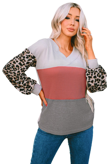 Leopard Print Color Block Waffle Knit Top