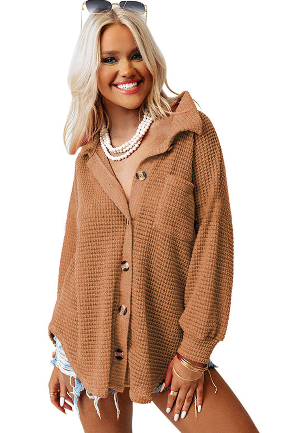 Khaki Pocket Buttons Front Waffle Knit Shacket